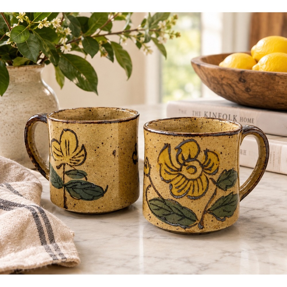 Vintage Studio Pottery Floral Stoneware Mugs Pair Yellow Green Folk Art - a Pair